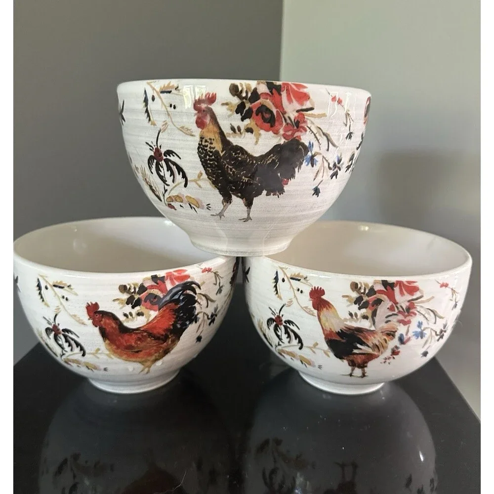 3 VTG Williams-Sonoma Rooster Francais Coupe Cereal Soup Bowl Earthenware 6-1/4”